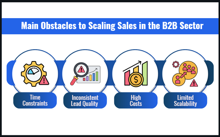 Main Obstacles to Scaling Sales in the B2B Sector Time constraints,
Lead Quality,
High costs,
Limited scalability