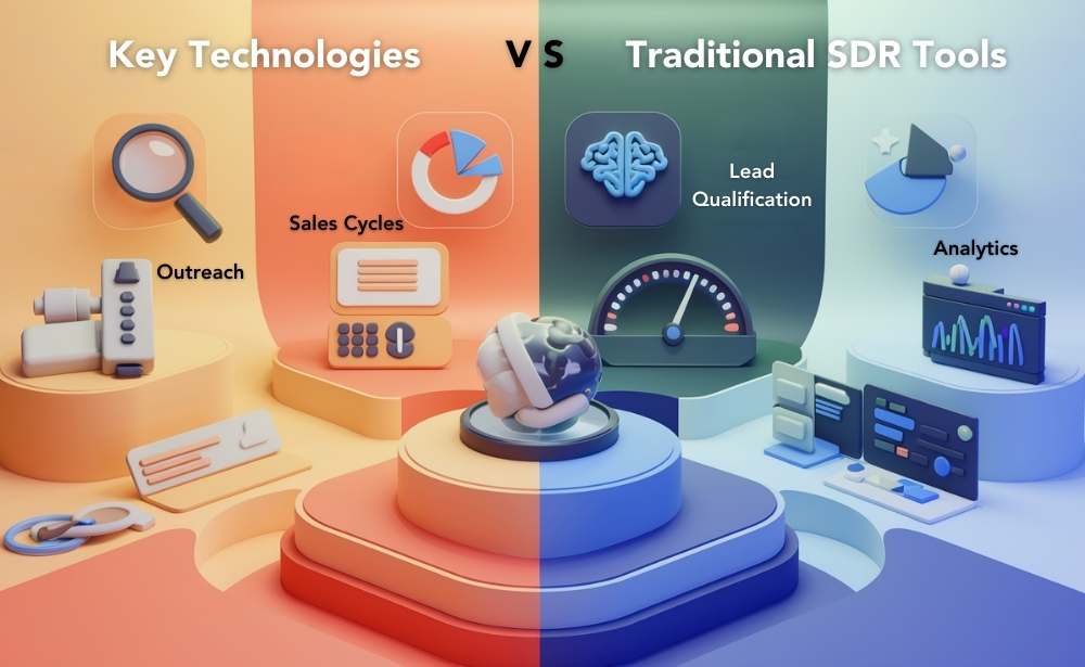 key technologies versus traditional SDR tools, showcasing AI, automation, CRM, and analytics advancements.