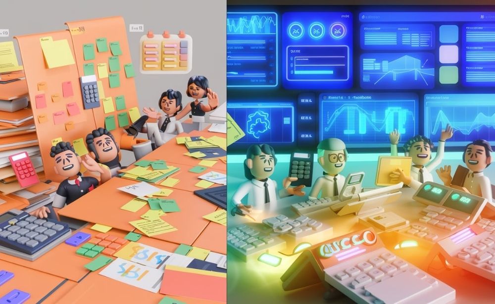 Three-dimensional models of professionals working together in an office, showcasing collaboration and the importance of structured sales processes.