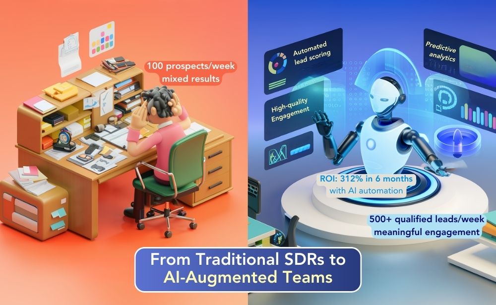 Image depicting the shift from traditional sales development strategies to AI-enhanced teams, highlighting efficiency and engagement.